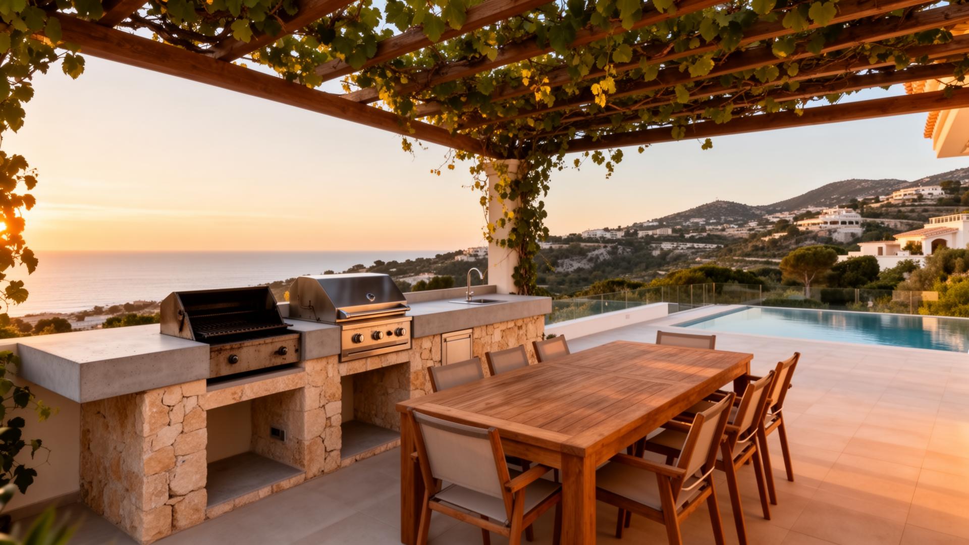 Zona BBQ exterior con pérgola y vistas — Villa mediterránea Montgó