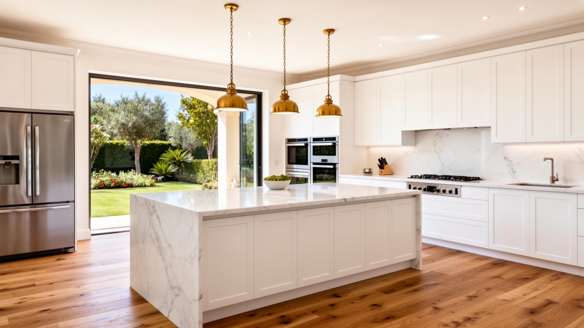 Cocina moderna con isla de mármol — Villa mediterránea Montgó